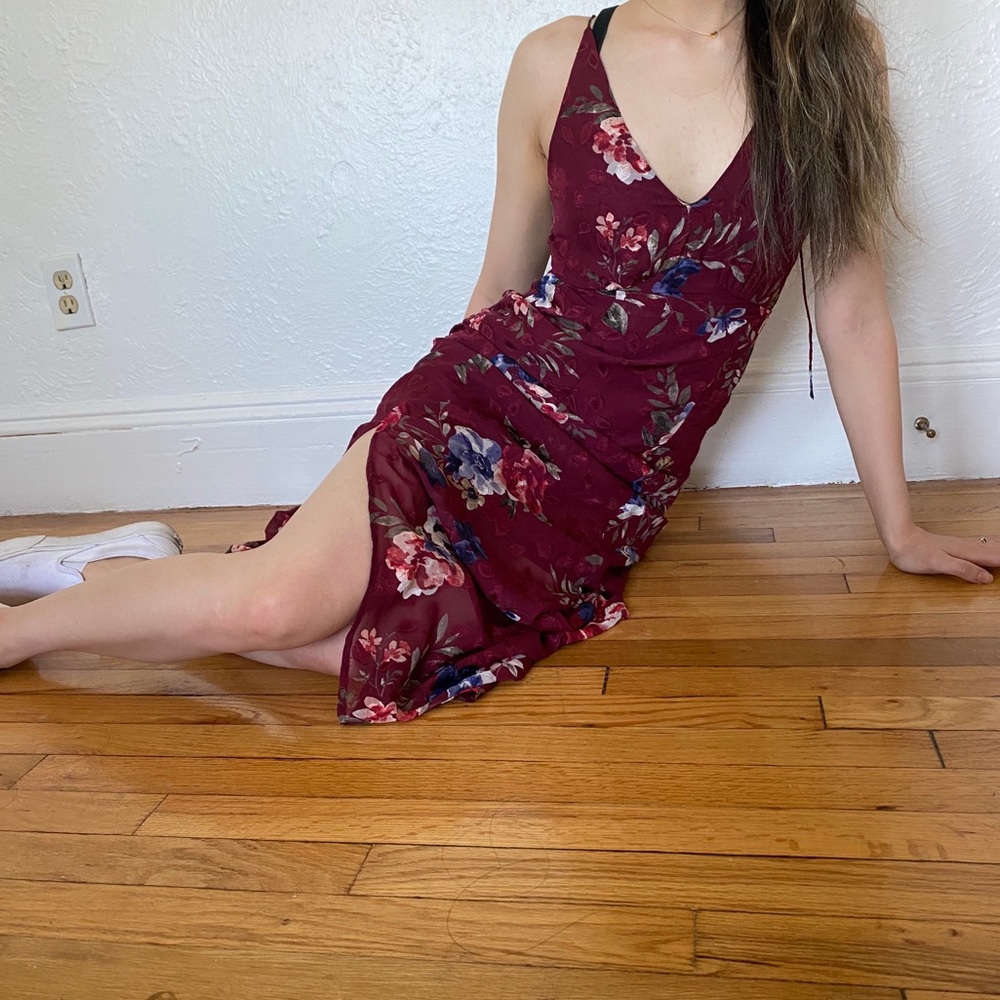 Wine red floral plunge maxi dress